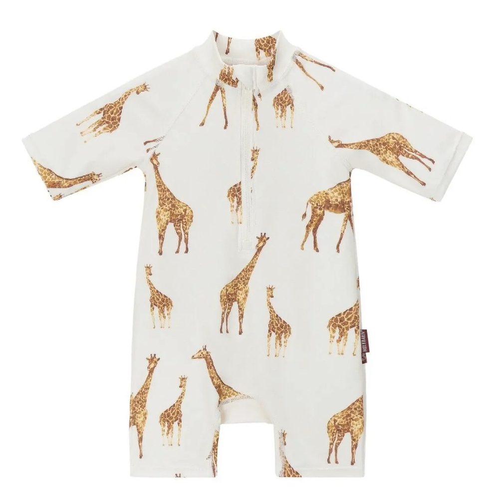 NWT Milkbarn Swimsuit Short Sleeve Zip Front Unisex Giraffe Print 18-24 mo